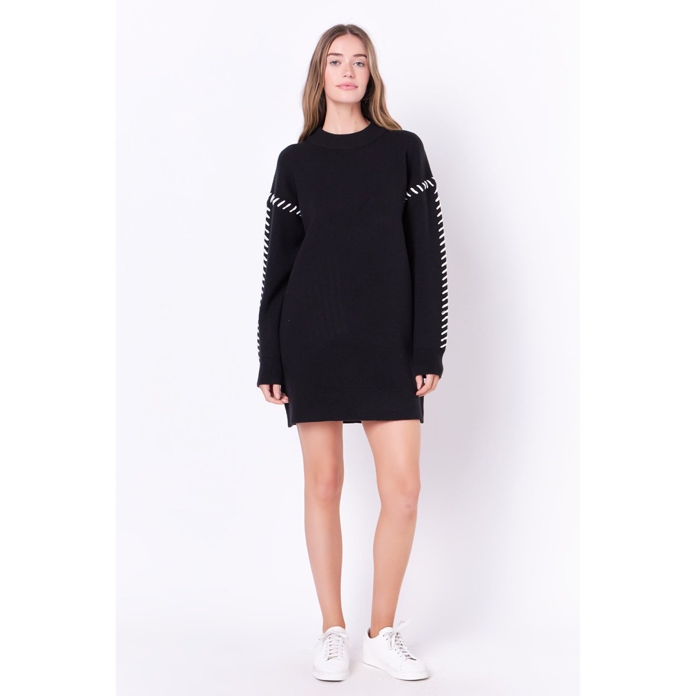 English Factory Whip Stitch Knit Sweater Dress Black Ivory Size Medium NWT